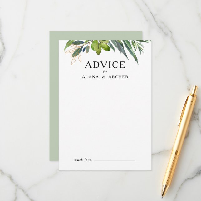 Elegant Olive Greenery Wedding Advice Card (Front/Back In Situ)