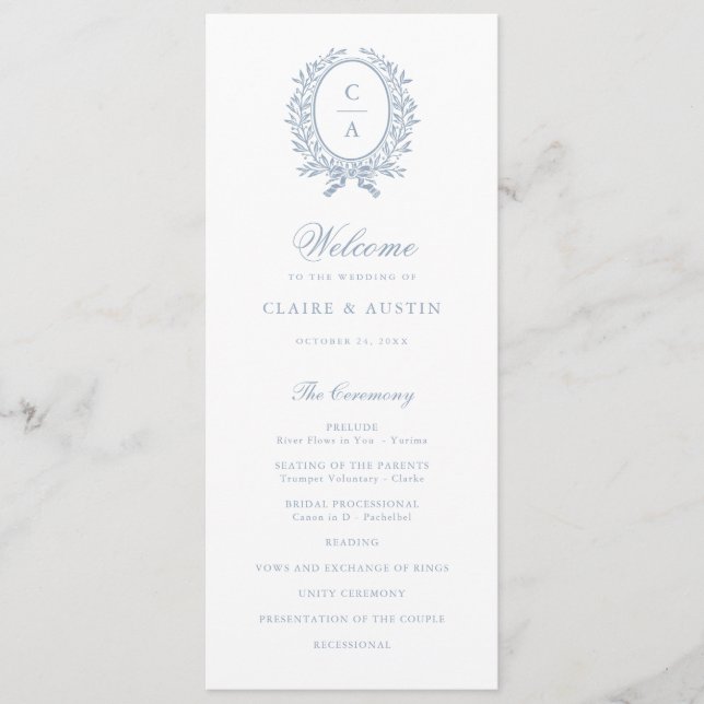 Elegant Olive Leaf Crest Vintage Blue Wedding Program (Front)