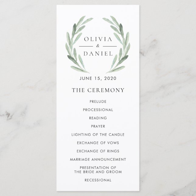 Elegant Olive Leaf Wreath Green Wedding Program (Front)