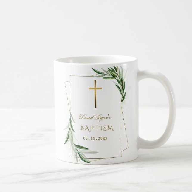 Elegant Olive Leaves Gold Boy Baptism Coffee Mug (Right)