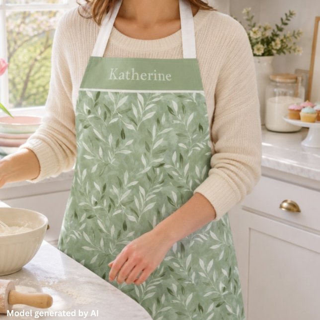 Elegant Olive Leaves Pattern Custom Name Apron (Creator Uploaded)
