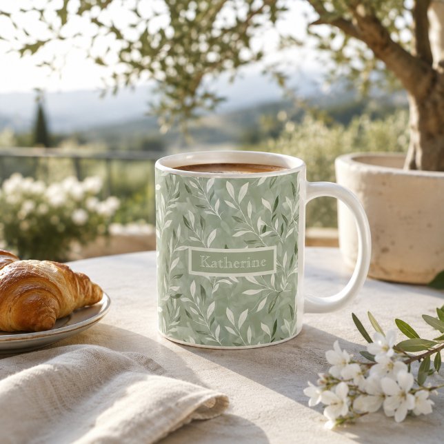 Elegant Olive Leaves Pattern Custom Name Coffee Mug (Creator Uploaded)