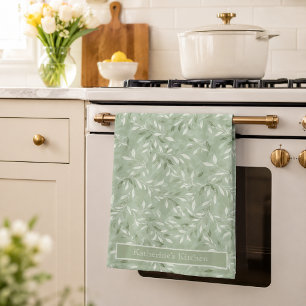 Elegant Olive Leaves Pattern Custom Name Tea Towel