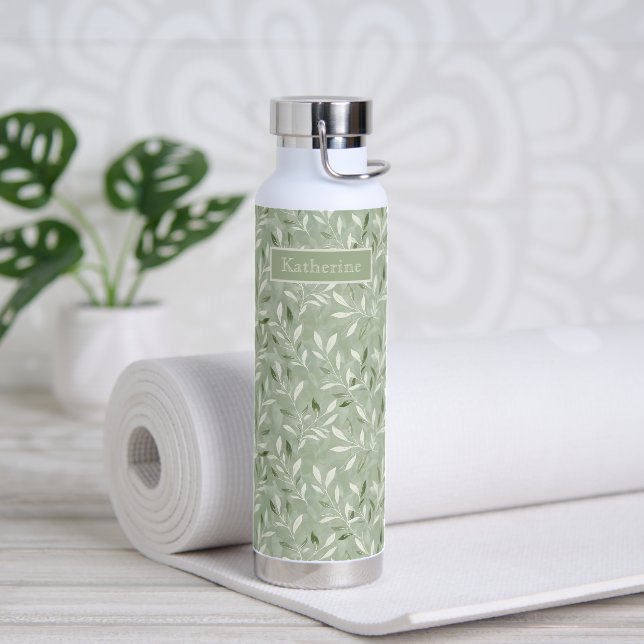 Elegant Olive Leaves Pattern Custom Name Water Bottle (Yoga (Rotated))