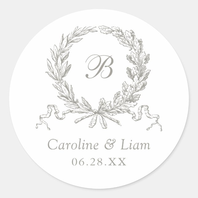 Elegant Olive Oak Wreath Grey Wedding Monogram Classic Round Sticker (Front)