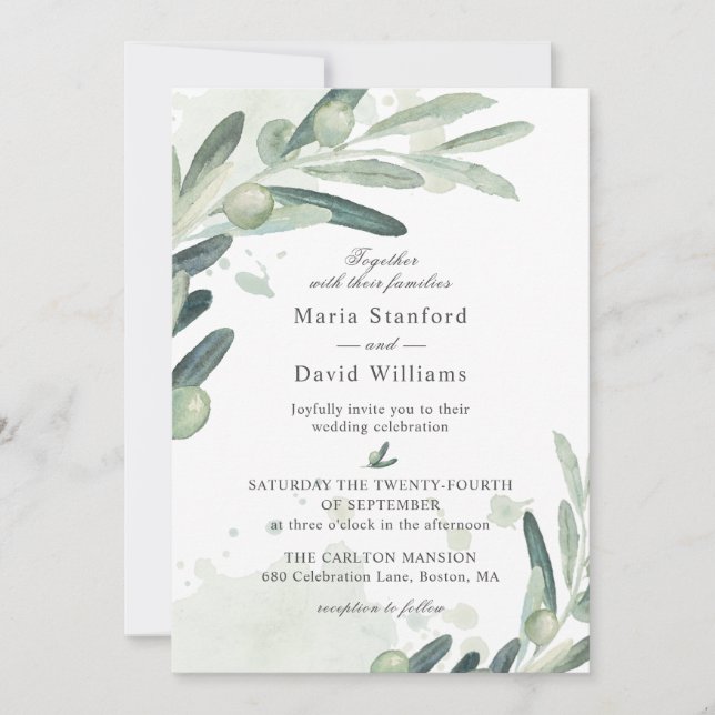 Elegant Olive Sprig Branch Wedding Invitation (Front)