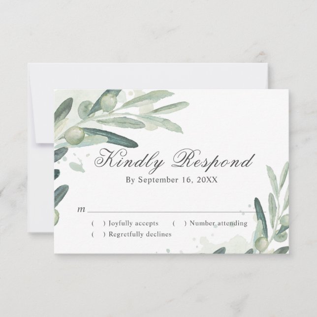 Elegant Olive Sprig Branch Wedding RSVP Card (Front)