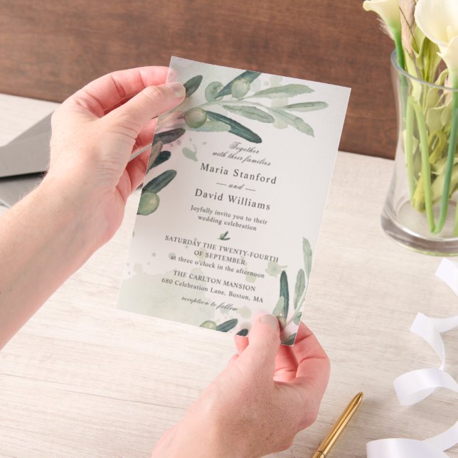 Elegant Olive Sprig Branch Wedding Vellum Invitations (Handheld)