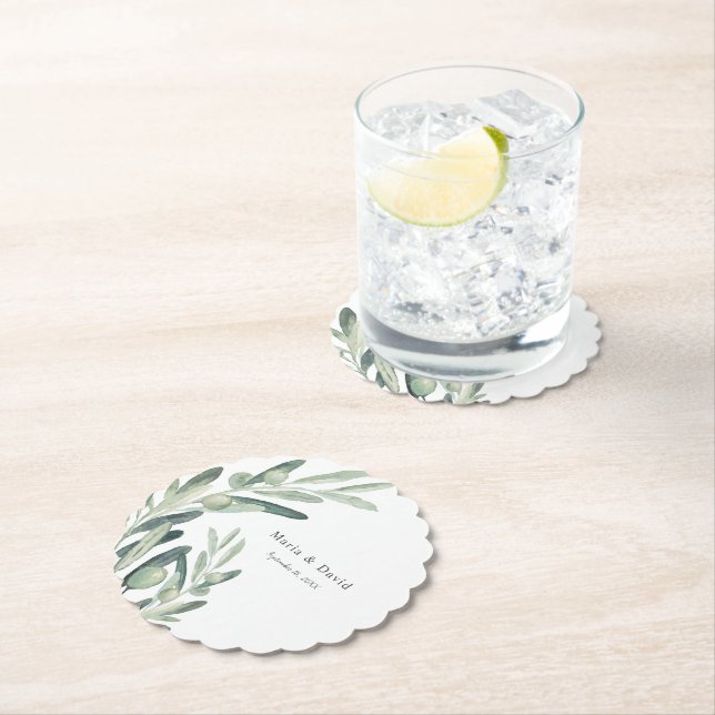 Elegant Olive Sprig Wreath Wedding Favour Paper Coaster (Insitu)