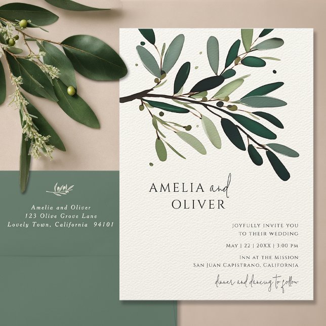 Elegant Olive Tree Branch Minimalist Wedding Invitation (Olive tree branch wedding invitation, olive green botanical wedding invite, watercolor wedding card)