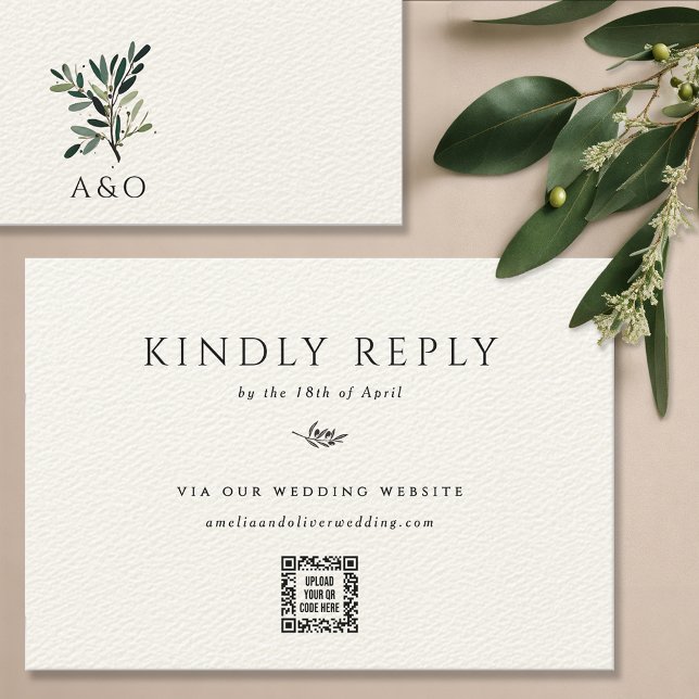 Elegant Olive Tree Branch Minimalist Wedding RSVP Card (Olive tree branch wedding invitation suite RSVP card QR code response kindly reply card, web site)