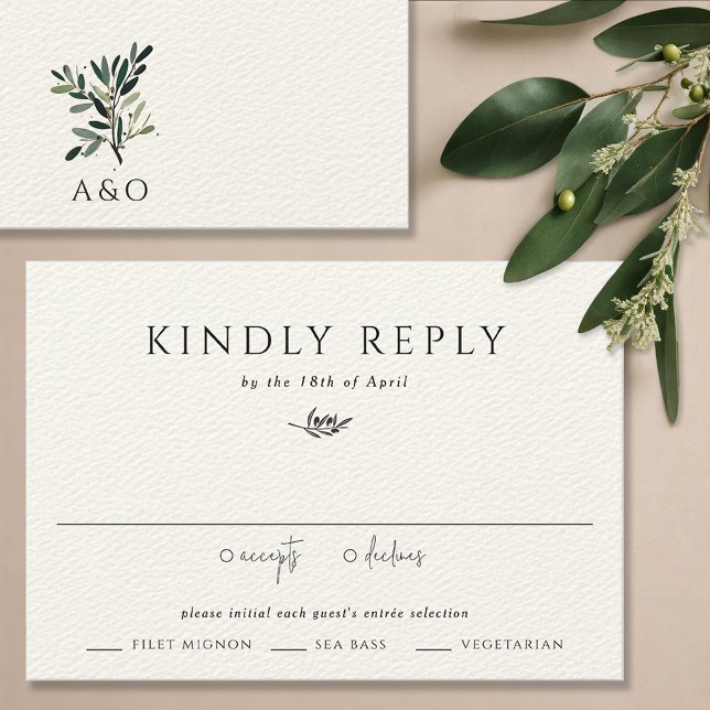 Elegant Olive Tree Branch Minimalist Wedding RSVP Card (Olive tree branch wedding invitation suite RSVP card, response card reply card elegant watercolor)