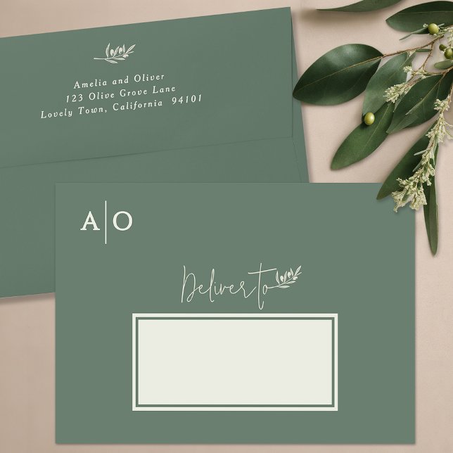 Elegant Olive Tree Branch Wedding Invitation Envelope (Olive tree branch wedding invitation suite envelopes, green deliver to pre-printed return address)