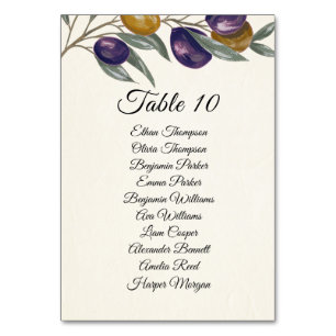 Elegant Olive Wedding Table Number Card with Names
