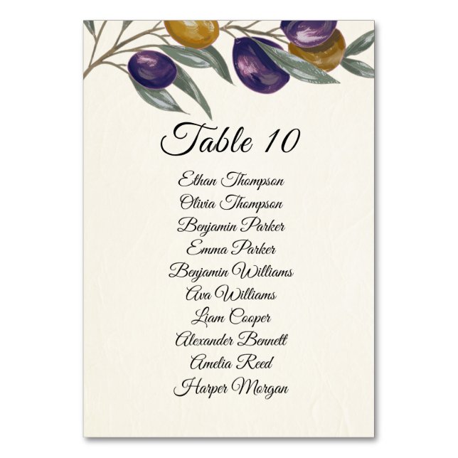 Elegant Olive Wedding Table Number Card with Names (Front)
