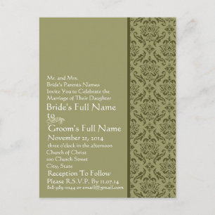 Elegant  Olive & White Damask  Wedding Invitation Postcard