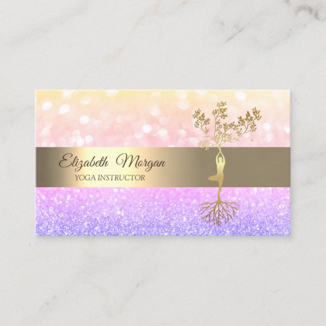 Elegant Ombre Bokeh Gold Tree Yoga Instructor Business Card (Front)