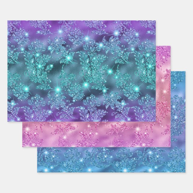 Elegant Ombre Glitter Floral Patterns Wrapping Paper Sheet (Set)