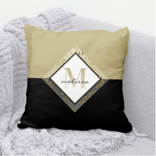 Elegant Ombre Monogram + Name Black + Tan + Gold Cushion