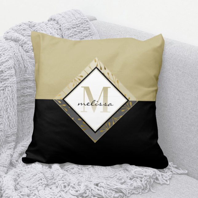 Elegant Ombre Monogram + Name Black + Tan + Gold Cushion (Elegant Ombre Monogram Throw Pillow with Any Name )