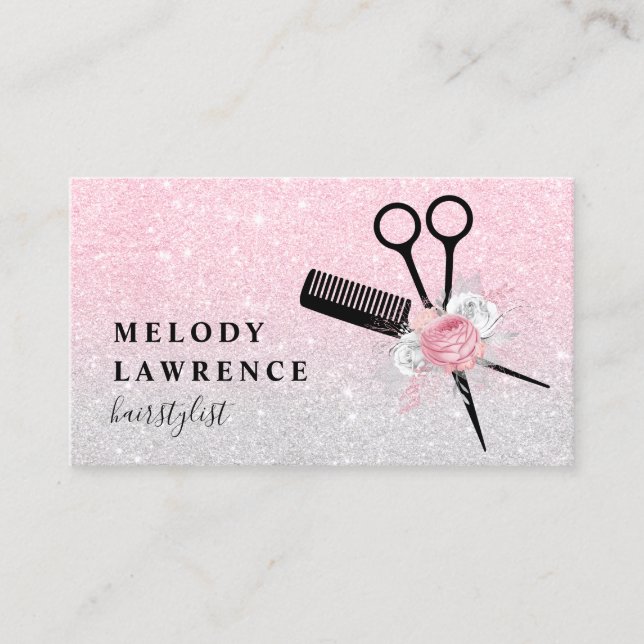 Elegant ombre rose gold scissors comb hairstylist business card (Front)