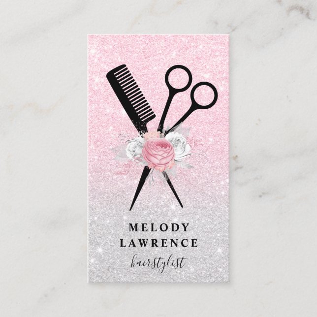 Elegant ombre rose gold scissors comb hairstylist business card (Front)