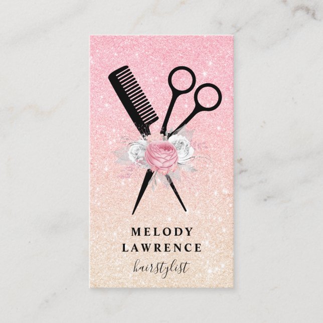 Elegant ombre rose gold scissors comb hairstylist business card (Front)