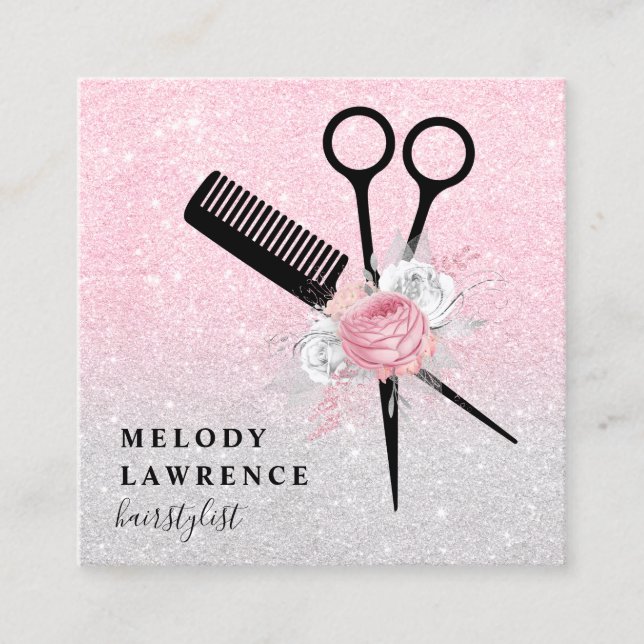 Elegant ombre rose gold scissors comb hairstylist square business card (Front)