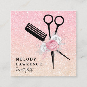 Elegant ombre rose gold scissors comb hairstylist square business card