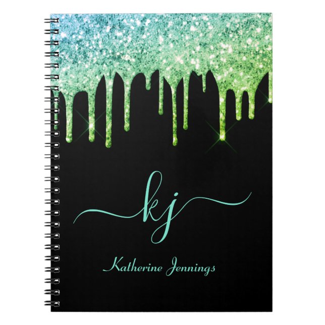 Elegant Ombre Teal Glitter Drips Monogram Script Notebook (Front)