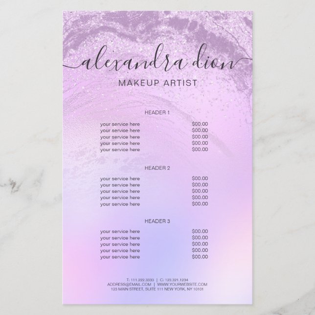 Elegant ombre violet glitter marble makeup artist flyer (Front)