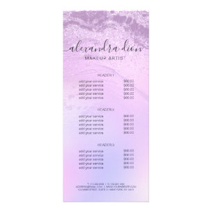 Elegant ombre violet glitter marble makeup artist rack card