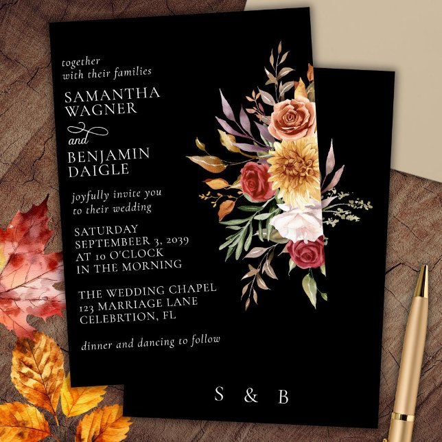Elegant on Black Fall Floral Wedding Invitation (Creator Uploaded)