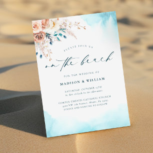 Elegant On the Beach Blue Watercolor Wedding Invitation