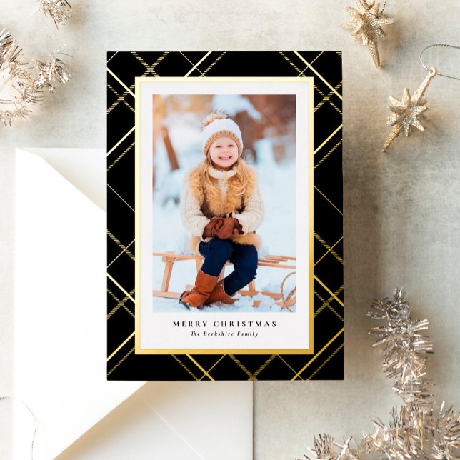 Elegant one photo black gold Christmas Foil Holiday Card (Creator Uploaded)