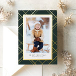 Elegant one photo green gold Christmas plaid Foil Holiday Card<br><div class="desc">Chic and stylish, this one-photo Christmas card is the perfect way to send holiday greetings to friends and family. Featuring a tradition festive holiday plaid in foil against a rich green background, this card also has a photo framed in the gold foil. The two text spots can be customised with...</div>