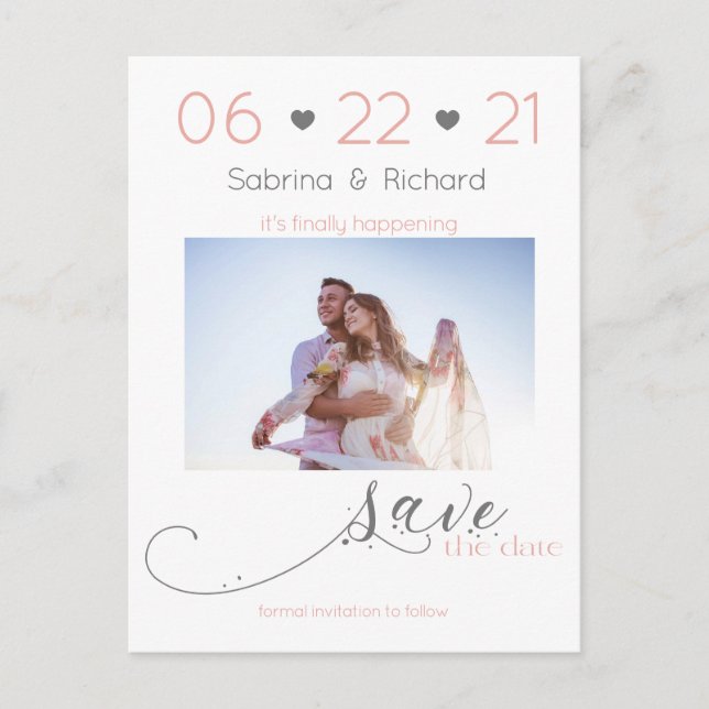 Elegant One Photo Minimalist Blush Save the Date Postcard (Front)