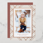 Elegant one photo rose gold modern Christmas Foil Holiday Card<br><div class="desc">Chic and stylish, this one-photo Christmas card is the perfect way to send holiday greetings to friends and family. A rose gold plaid frames a single vertical photo. The two text spots can be customised with your own greeting, name, year or any other message. The back is a coordinating rosé...</div>