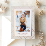 Elegant one photo rose gold modern Christmas Foil Holiday Card<br><div class="desc">Chic and stylish, this one-photo Christmas card is the perfect way to send holiday greetings to friends and family. A rose gold plaid frames a single vertical photo. The two text spots can be customised with your own greeting, name, year or any other message. The back is a coordinating rosé...</div>