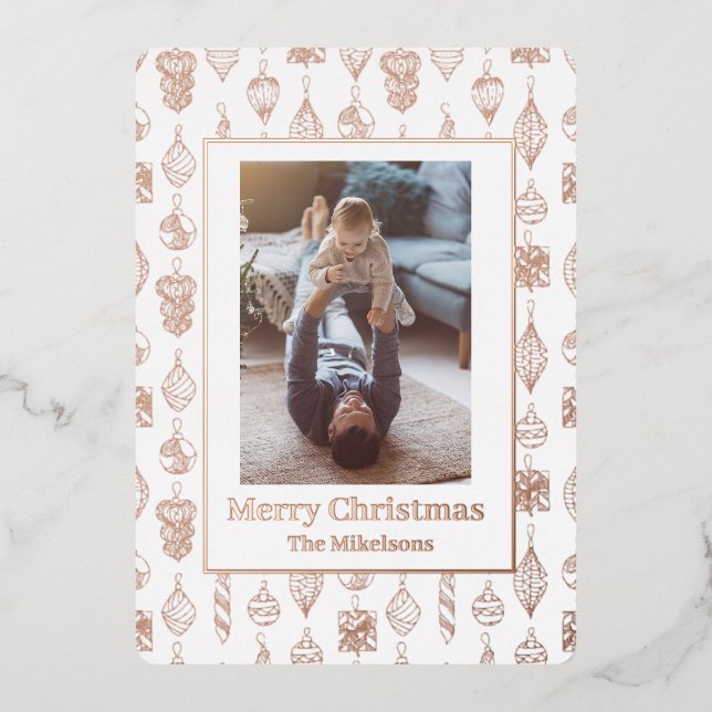 Elegant one photo white rose gold Christmas  Foil Holiday Card (Front)