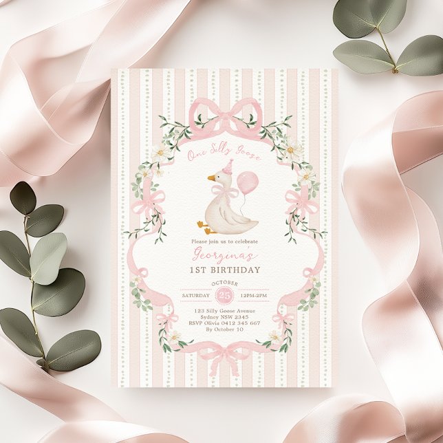 Elegant One Silly Goose Pink Bow Girl 1st Birthday Invitation (Creator Uploaded)