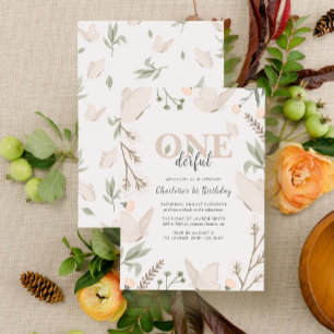 Elegant Onederful Butterfly Floral 1st Birthday  Invitation