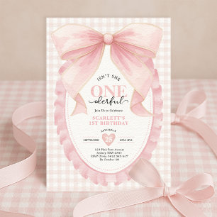 Elegant ONEderful Pink Bow Girl 1st Birthday Invitation