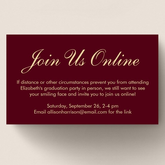 Elegant Online Burgundy Red Gold Graduation Party Enclosure Card (Creator Uploaded)