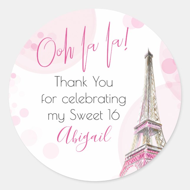 Elegant Ooh la la Paris Eiffel Tower Pink White Classic Round Sticker (Front)