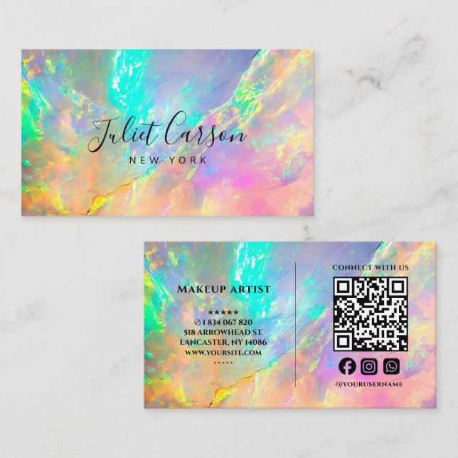 Elegant Opal Stone Script Calligraphy QR Code Business Card (Front/Back)