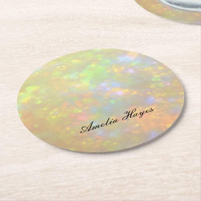 Elegant Opal Stone Texture Modern Script Custom Round Paper Coaster (Angled)