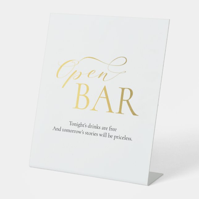 Elegant Open Bar Gold Calligraphy Wedding Pedestal Sign (Front)