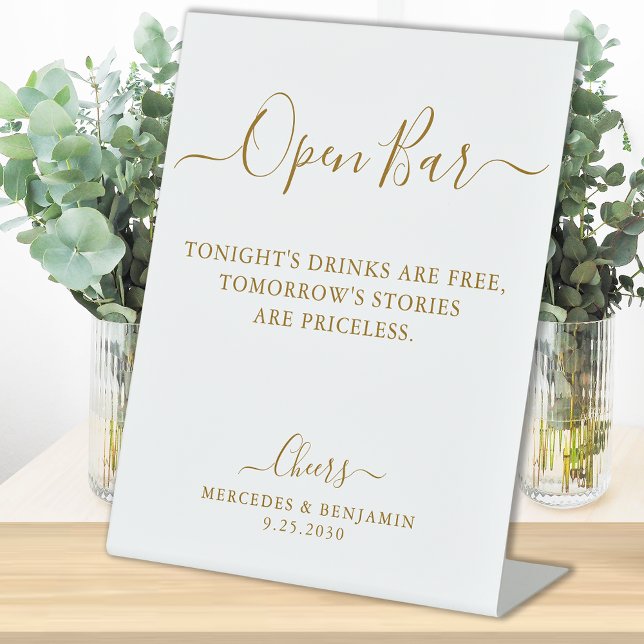 Elegant Open Bar Gold Script Personalised Wedding Pedestal Sign (Creator Uploaded)