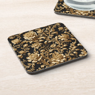 Elegant Opulence: Black and Gold Baroque Floral Coaster